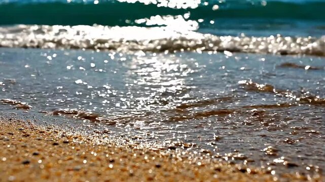 Ocean Waves Washing Ashore on a Sandy Beach with Sun Glare.