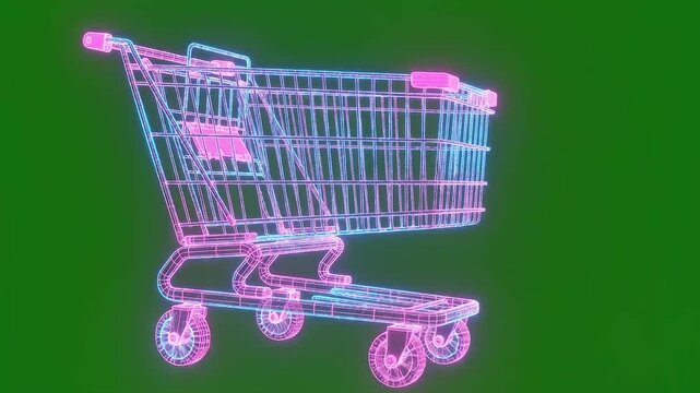 Neon Shopping Cart Hologram on Green Screen.
