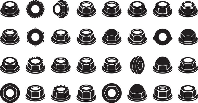 Professional vector icon set of twenty four flange nuts featuring serrated locking nuts hex fasteners and industrial hardware in black silhouette style grid