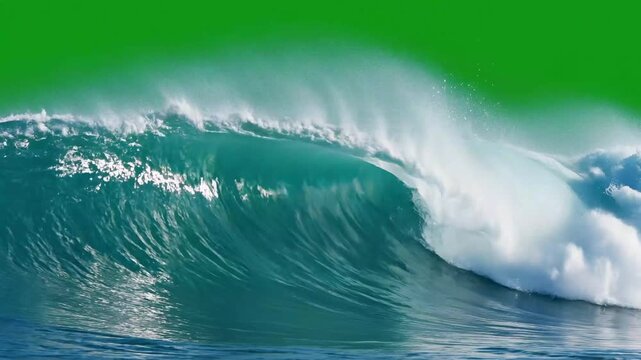 Powerful Ocean Wave Breaking on Green Screen Background.