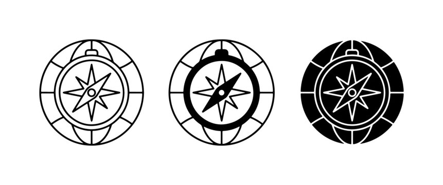 Compass Icons, Navigation Symbols, Global Direction Set. Vector graphic collection featuring compasses and world globe elements for travel, exploration, and guidance themes.