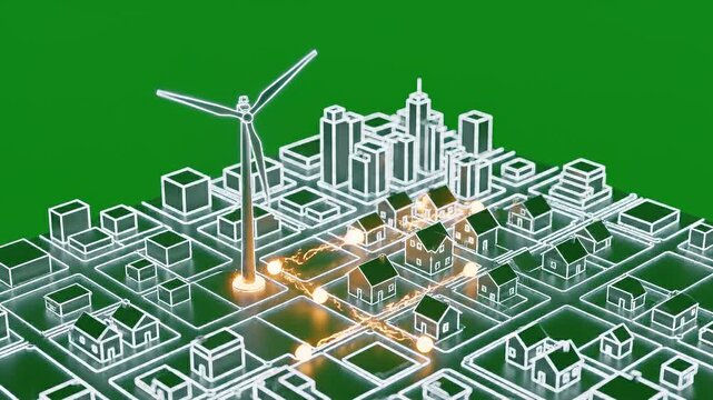 Smart City Grid with Wind Turbine Providing Clean Energy to Modern Urban and Suburban Areas.