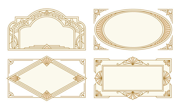 Art Deco Frames Set, Vintage Geometric Gold Borders, Retro 1920s Vector Ornaments