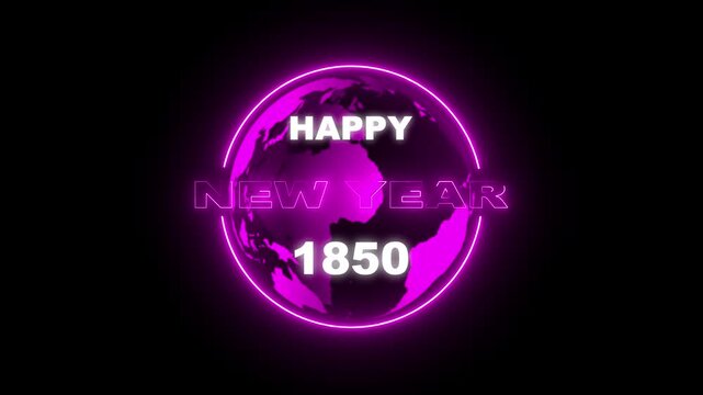 Neon circular globe animation with happy new year 1850 text 4k. Futuristic 1850 new year typography with glowing earth sphere.