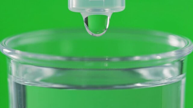 Water Droplet Falling into Beaker on Green Screen.