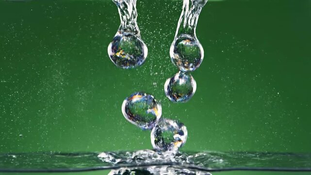 Water Bubbles and Splashes on Green Background Refreshing Liquid Movement.