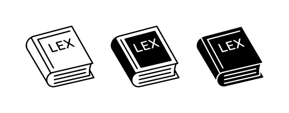 Law Books Vector Icons, Legal Codex Symbols, Justice Lexicon Graphics. Set of 3 black and white illustrations representing legal knowledge and jurisprudence.