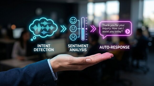 Human hand with intent detection, sentiment analysis and auto-response icons