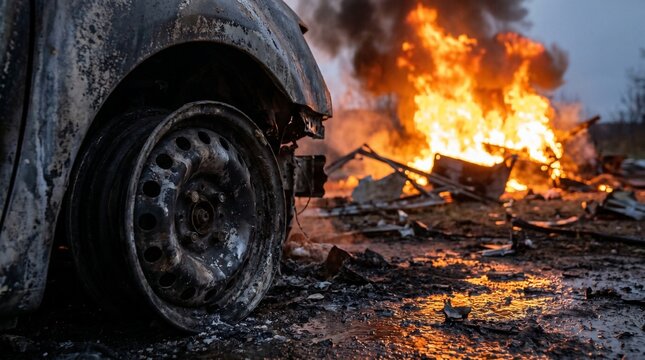 Burnt out car smoldering amidst intense flames and destruction