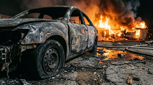 Burnt out car smoldering amidst intense flames and destruction