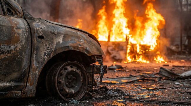 Burnt out car smoldering amidst intense flames and destruction