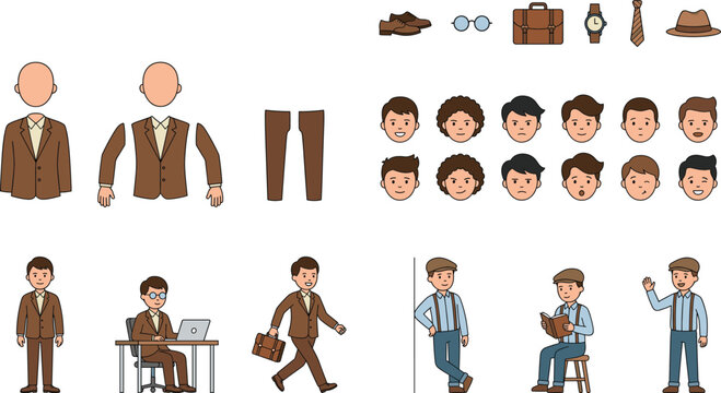 Male character creator vector set with business outfits, facial expressions, accessories and cartoon pose illustrations