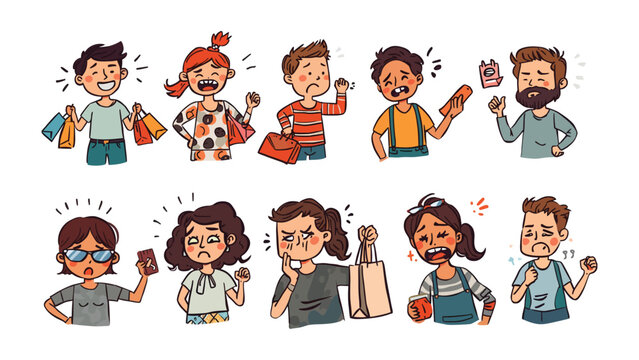 Emotional Shopping Spree: Diverse cartoon characters express a range of emotions during a shopping spree, capturing the ups and downs of retail experiences, from joy to frustration.