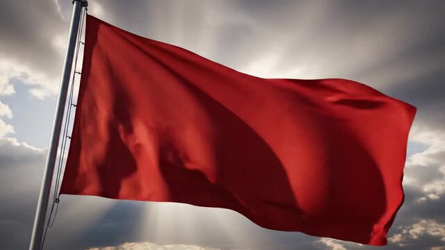 Vibrant Red Flag Waving On Pole Realistic Animation Against Dramatic Cloudy With Sunbeams