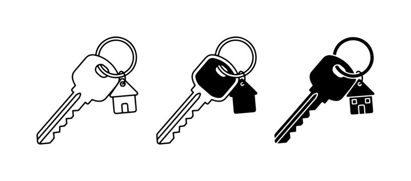Set of three house keys with keychains, representing home ownership, real estate, and property access. Includes outline, filled, and silhouette styles.