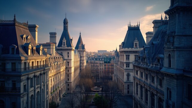 Elegant Parisian boulevard with classical architecture at dawn
