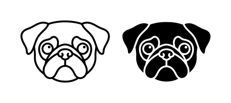 Pug Dog Head Icons, Minimalist Line Art and Solid Black Silhouettes, Vector Graphics for Pet Lovers and Animal Design