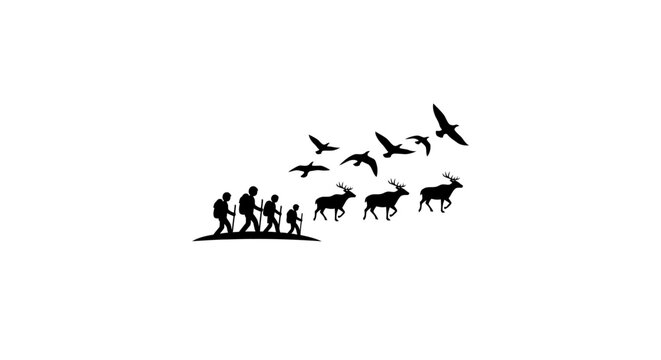 People and animals in a group formation.