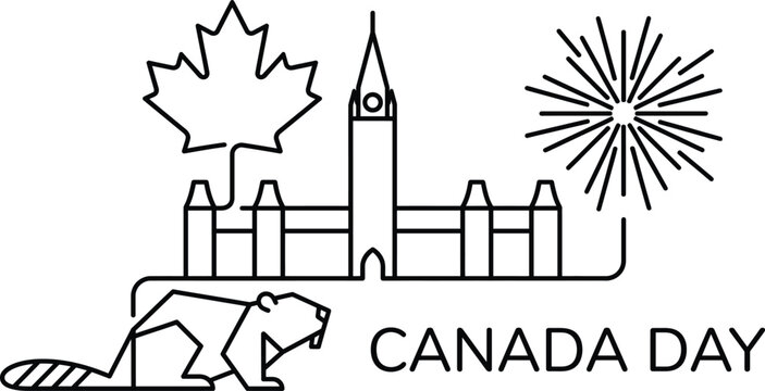 Canada day icon with beaver, maple leaf and fireworks Vector Canada Day