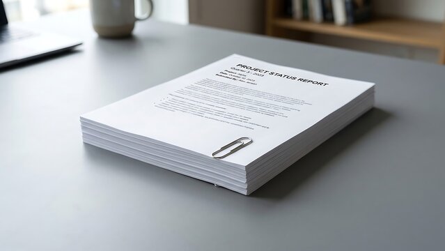 Professional document stack with metal binder on grey workspace desk, documents