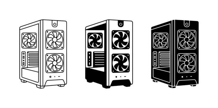 Computer Tower Cases, PC Chassis Icons, Gaming Desktop Enclosures, Vector Graphics for Technology and Hardware