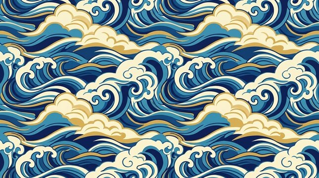 Japanese woodblock wave and cloud print - Texture for Commercial Use