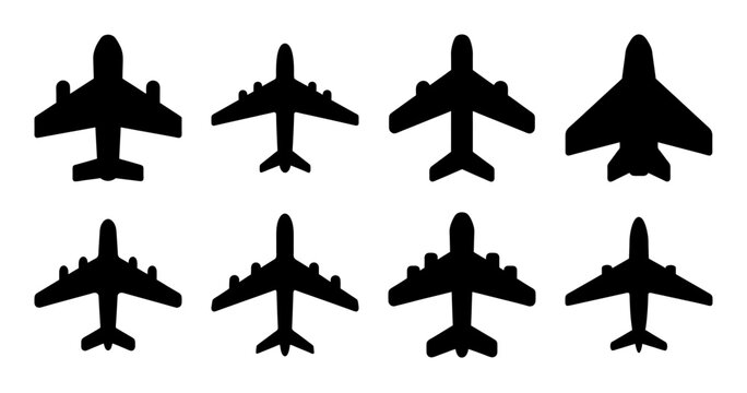 Set of eight black jet fighter planes icon - A clean, modern collection of eight stylized black jet fighter planes in a grid layout, perfect for military, aviation, or tech-related projects.