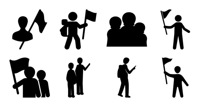 People protesting with flags and signs - Black and white vector icons showing diverse individuals holding flags and signs, representing peaceful protest or demonstration.