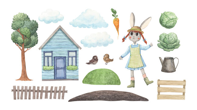 A set of watercolor illustrations with a garden theme