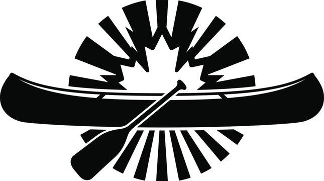 Black canoe and paddle icon with maple leaf Vector Canada Day