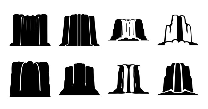 Black waterfall and fountain abstract illustrations - Eight stylized black waterfalls and fountains in a clean, minimalist design perfect for nature or abstract projects.