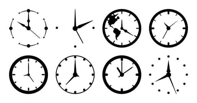 Various analog clock designs and styles collection - Set of diverse analog clocks with different hands, faces, and styles for design or time-themed projects.