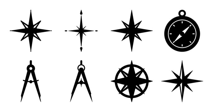 Black compass and navigation icons set - Minimalist black vector icons of compass, star, and navigation tools for travel, map, and direction themes.
