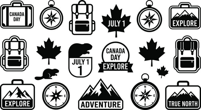 Canada day icons with compass, backpack and maple leaf Vector Canada Day