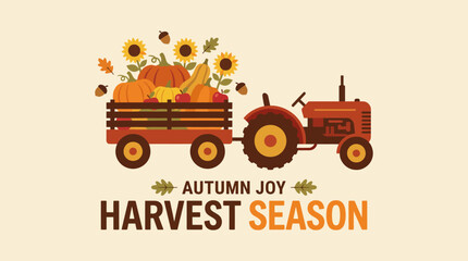 A whimsical illustration of a tractor pulling a cart filled with colorful autumn harvest produce, reflecting the joy and abundance of the harvest season. © bangwen zheng