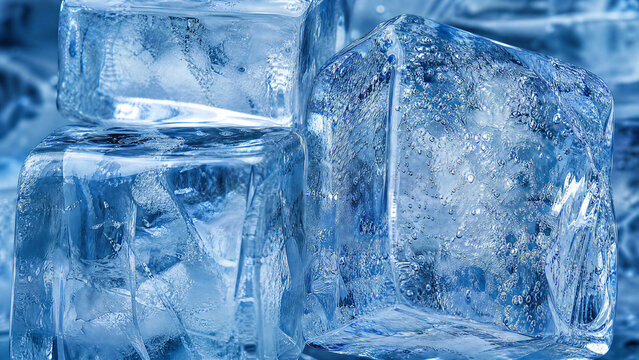 Stacked transparent blue ice cubes