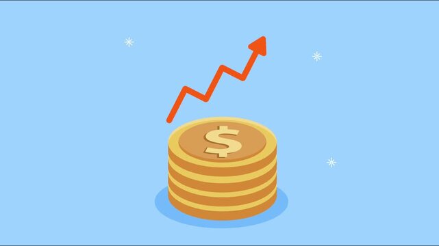 Stack of coins with upward trending arrow showing financial growth and investment concept.