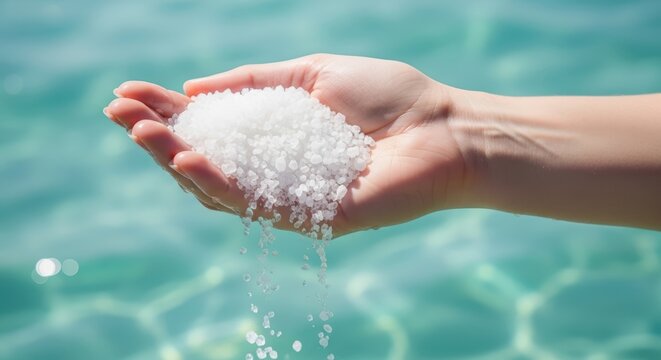 Hands holding natural sea salt crystals over turquoise water background