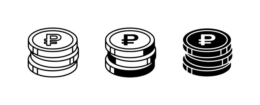 Russian Ruble Coin Stacks, Currency Symbol Icons, Financial Vector Graphics, Monetary Wealth Symbols