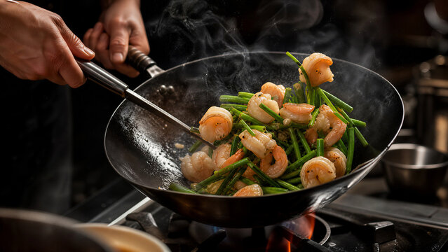 Chef cooking shrimp in a wok