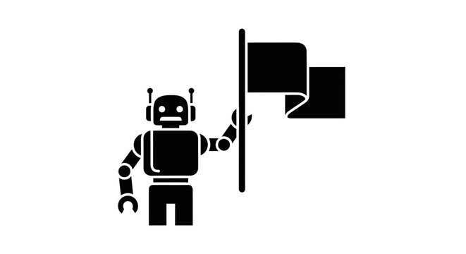 Robot Holding Flag Icon Symbol.