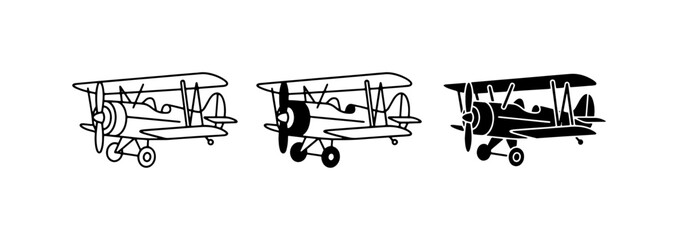 Vintage Biplane Icons, Retro Aircraft Silhouettes, Classic Aviation Vector Set © Moniruz