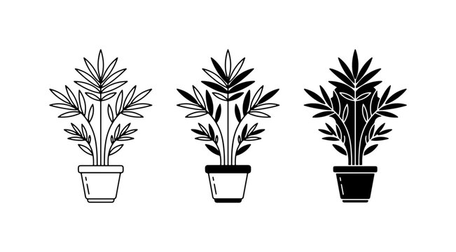 Potted Plant Icons Set, Tropical Foliage Vector Graphics, Greenery Silhouette Collection for Home Decor and Botanical Design