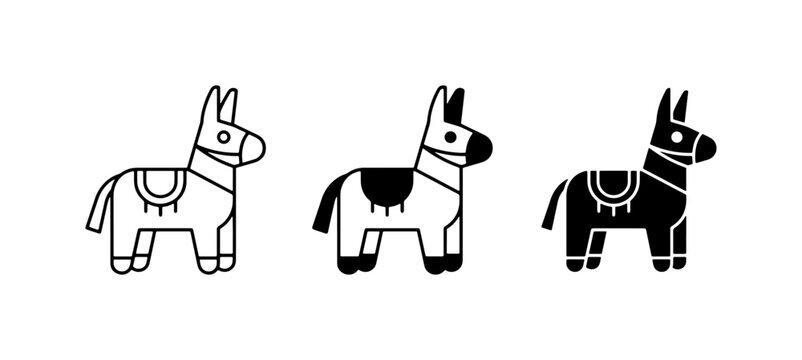 Donkey Pinata Icons Set, Mexican Fiesta Celebration Vector Graphics, Party Game Symbols, Outline and Silhouette Styles