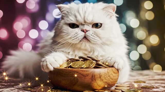 White Persian Cat Sitting Behind A Wooden Bowl Of Gold Coins With Festive Bokeh Background