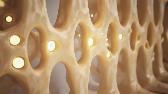 Bone interior macro, porous structure detailed,
calcium particles glowing softly as they integrate into bone matrix
