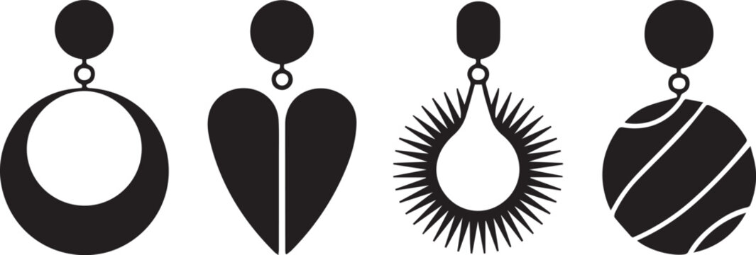 Minimalist black silhouette fashion earrings collection featuring geometric heart hoop sunburst and striped circle pendant shape icon