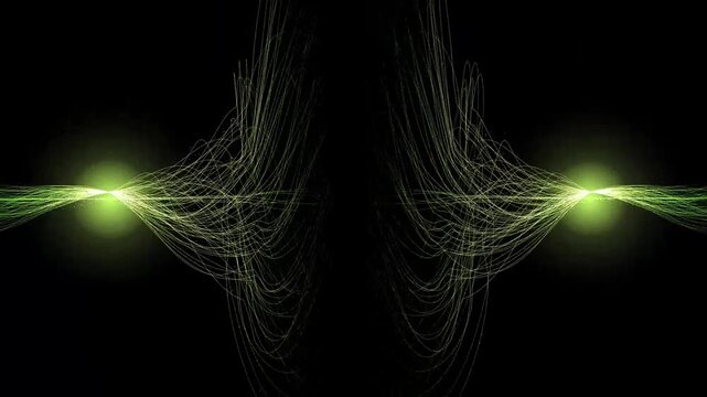 High quality 4K seamless abstract background loop. Features a futuristic neon green glowing energy field with light streams and particle trails swirling around a central black void. Perfect for scienc