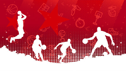 Basketball players silhouettes on red background, sport banner template © KR Studio