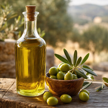 Olive oil and fresh green olives